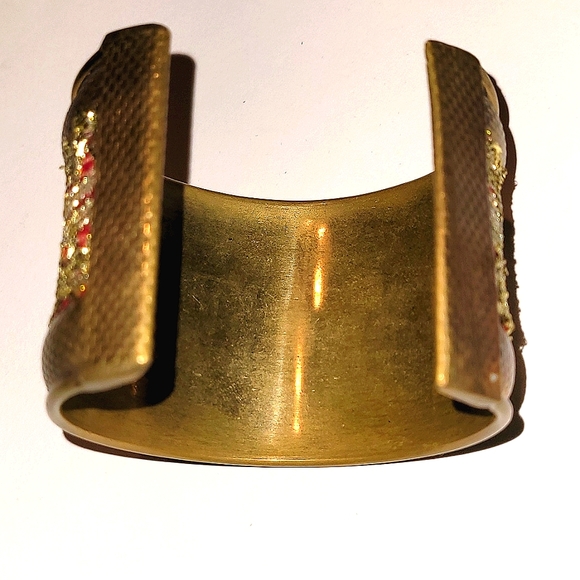 Handmade Custom Design Brass cuff Bracelet w/Red&Gold Lace In-set - Picture 3 of 4